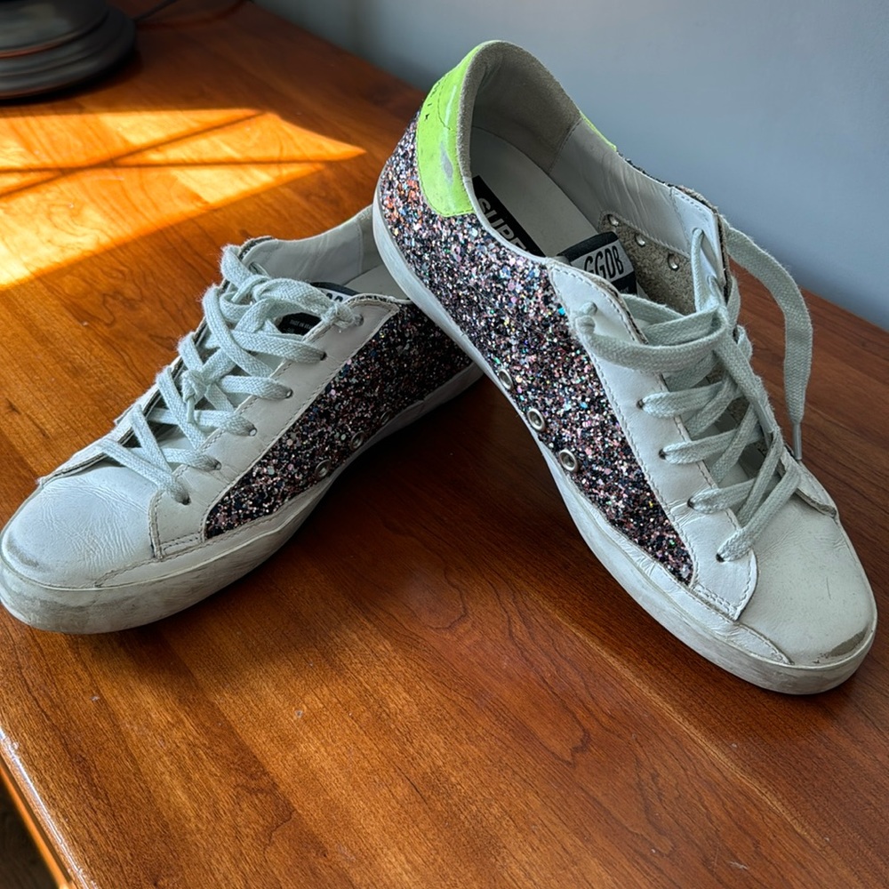 Golden Goose sparkle low top sneakers, size 39. Purple and white!